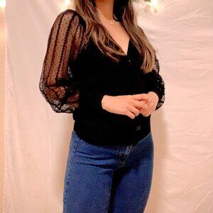 20% OFF V-Neck Mesh Semi, Casual Long Sleeve Lace Top - Size S/M